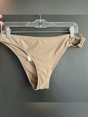 Aerie Real Good Cheeky Bikini Bottom Tan Neutral Ring Detail Size L NWT